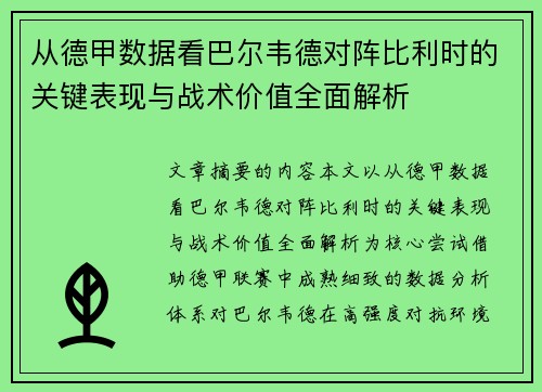 从德甲数据看巴尔韦德对阵比利时的关键表现与战术价值全面解析