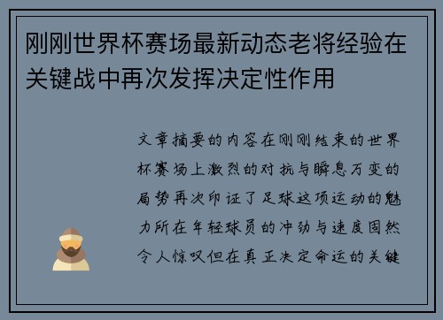 刚刚世界杯赛场最新动态老将经验在关键战中再次发挥决定性作用